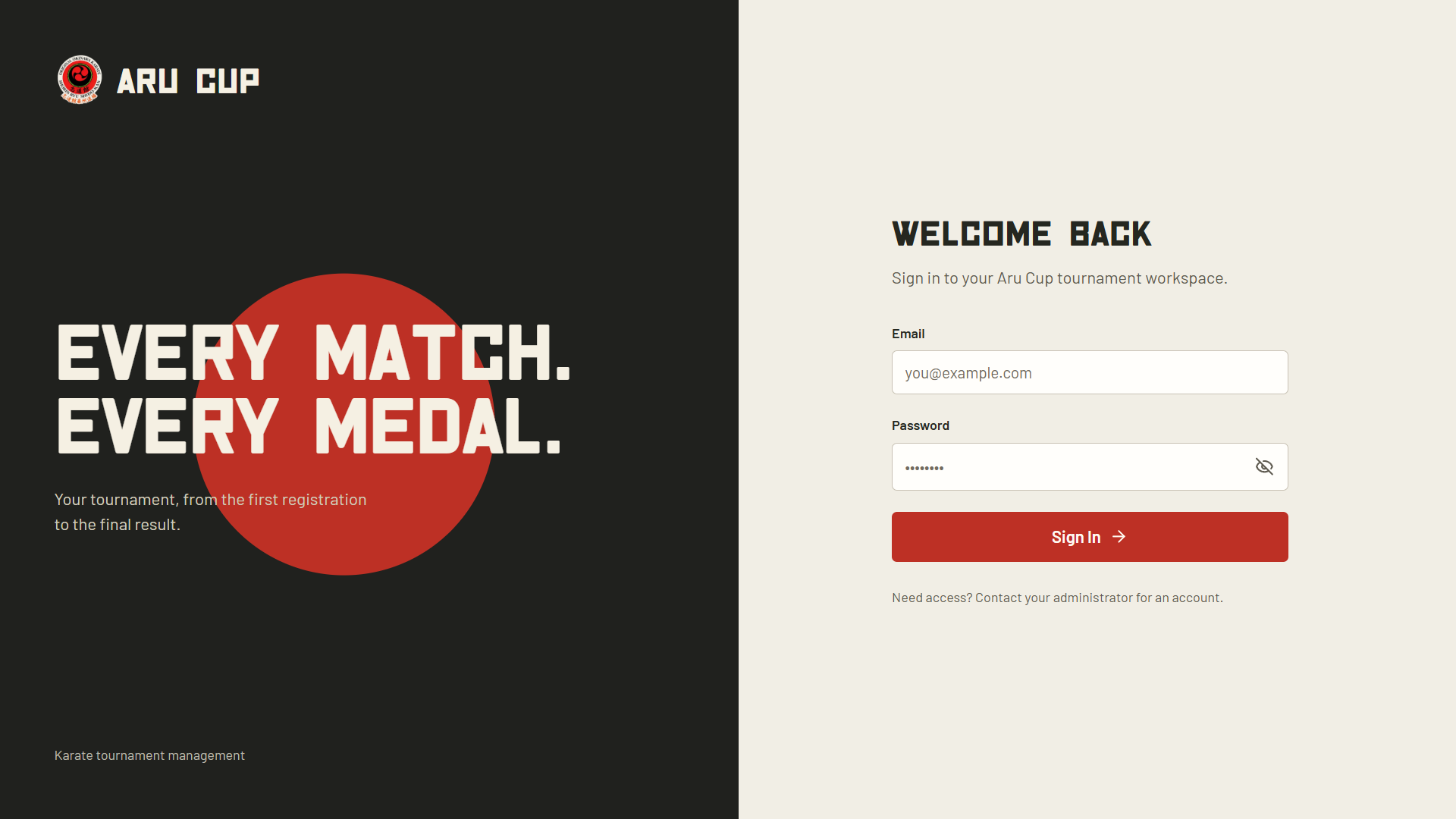 AruCup login screen with email and password fields beside the tournament branding.