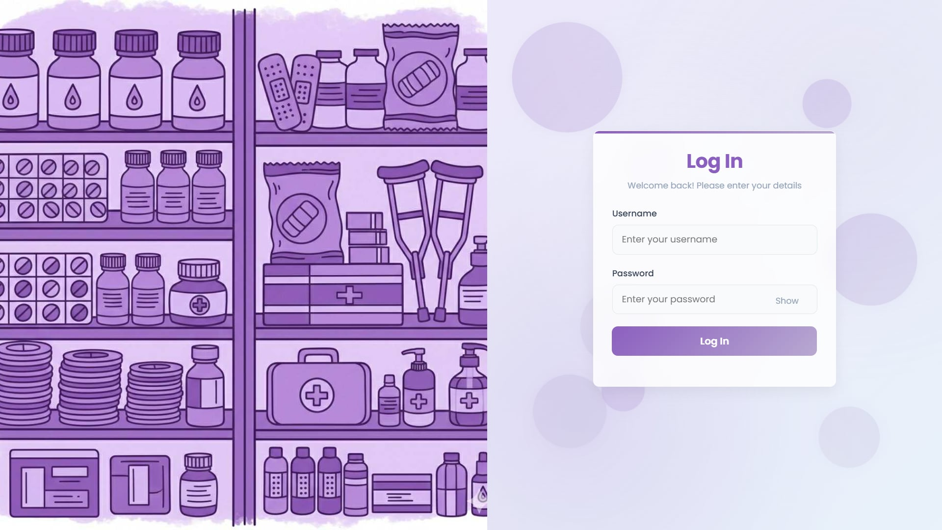 Pharmacy Inventory login screen with username and password fields beside a purple pharmacy illustration.